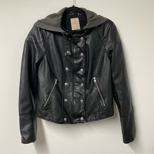 We the Free Vegan Leather Woman’s Black Jacket With Knit Hood